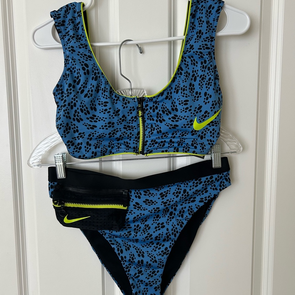 Nike Blue and Neon Yellow Patterned Two-Piece Swim Bikini